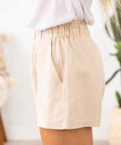 Veracci Beige Elastic Waist Shorts With Pockets Bottoms