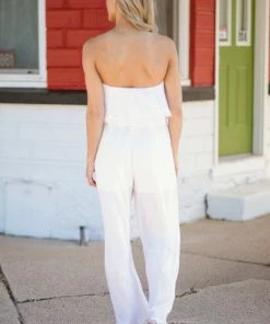 Gilli Off White Fray Hem Strapless Jumpsuit