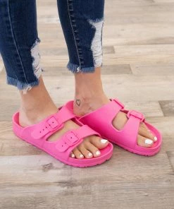 Ultimate Sports Hot Pink Double Strap Slide On Sandals Shoes