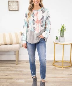 Avery Apparel Aqua And Coral Aztec Print Bubble Sleeve Top