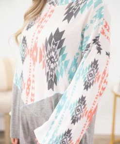 Avery Apparel Aqua And Coral Aztec Print Bubble Sleeve Top