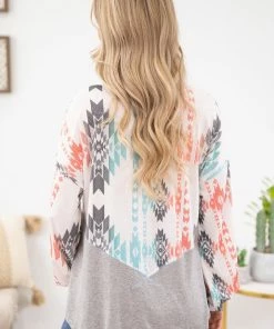 Avery Apparel Aqua And Coral Aztec Print Bubble Sleeve Top