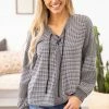 Sugarfox Black And White Textured Lace Up Top LONG SLEEVES