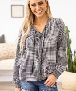 Sugarfox Black And White Textured Lace Up Top LONG SLEEVES