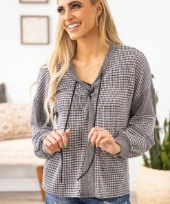 Sugarfox Black And White Textured Lace Up Top LONG SLEEVES