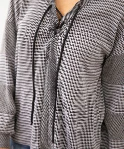 Sugarfox Black And White Textured Lace Up Top LONG SLEEVES