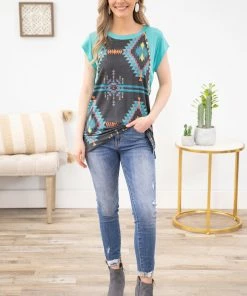 Avery Apparel MADE IN THE USA Black And Turquoise Aztec Print Raglan Top 9 Avery Apparel MADE IN THE USA Black And Turquoise Aztec Print Raglan Top