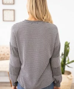 Sugarfox Black And White Textured Lace Up Top LONG SLEEVES