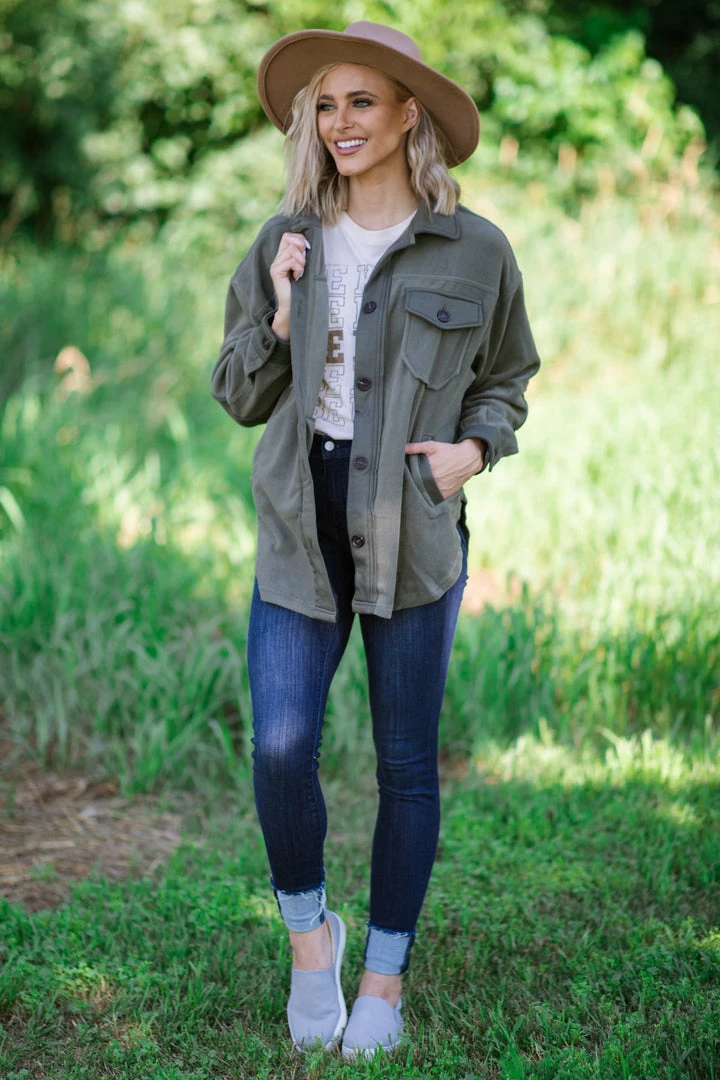 Zenana Outerwear Olive Fleece Boyfriend Fit Shacket 4 Zenana Outerwear Olive Fleece Boyfriend Fit Shacket