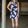 Whole Sale Fashion Trends Dresses Navy And Ivory Notch Neck Floral Print Dress