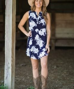 Whole Sale Fashion Trends Dresses Navy And Ivory Notch Neck Floral Print Dress