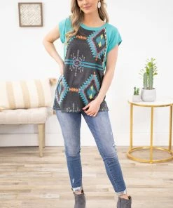 Avery Apparel MADE IN THE USA Black And Turquoise Aztec Print Raglan Top
