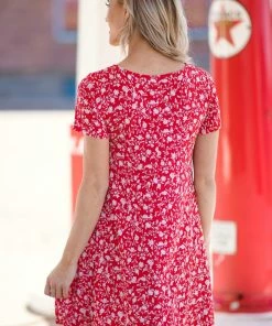 MOA Collection Dresses Red And White Floral Print Knit Dress