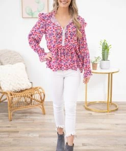 Shewin Pink Multicolor Floral Long Sleeve Top