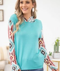 Avery Apparel Aqua Aztec Sleeve And Hood Detail Hoodie