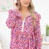 Shewin Pink Multicolor Floral Long Sleeve Top