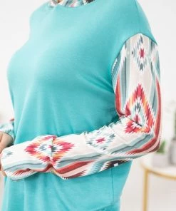 Avery Apparel Aqua Aztec Sleeve And Hood Detail Hoodie