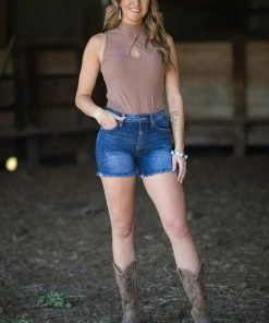 Doe & Rae Tops Taupe Mock Neck Tank With Keyhole