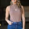 Doe & Rae Tops Taupe Mock Neck Tank With Keyhole