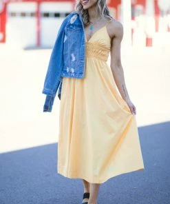 HyFve Dresses Yellow Shirred Waist Midi Dress