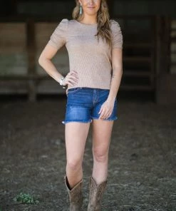 Staccato Taupe Wide Rib Knit Puff Sleeve Top