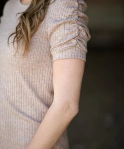 Staccato Taupe Wide Rib Knit Puff Sleeve Top