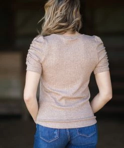 Staccato Taupe Wide Rib Knit Puff Sleeve Top