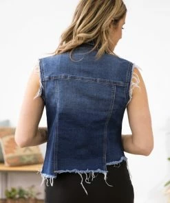 EN JEAN Medium Wash Fray Hem Denim Vest