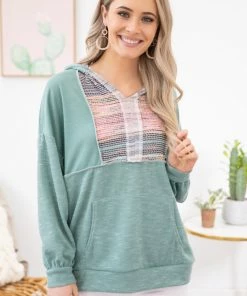 Sugarfox LONG SLEEVES Turquoise Multicolor Heathered Hooded Top