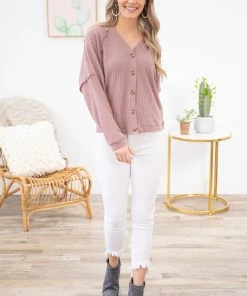 Kori America LONG SLEEVES Mauve Button Up Knit Dolman Sleeve Top