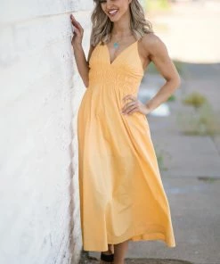 HyFve Dresses Yellow Shirred Waist Midi Dress