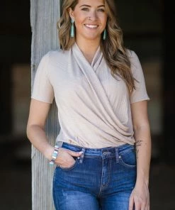 Cherish Tops Beige Rib Knit Surplice Twist Front Top