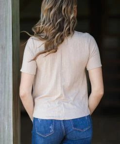 Cherish Tops Beige Rib Knit Surplice Twist Front Top