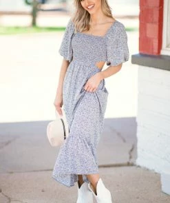 Heyson Dresses Slate Blue Floral Midi Dress With Back Cutout