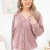 Kori America LONG SLEEVES Mauve Button Up Knit Dolman Sleeve Top