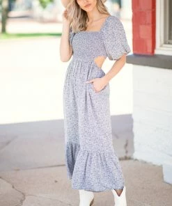 Heyson Dresses Slate Blue Floral Midi Dress With Back Cutout