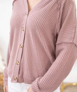 Kori America LONG SLEEVES Mauve Button Up Knit Dolman Sleeve Top