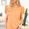 Reborn J Coral Ruched Puff Sleeve Top SHORT SLEEVES 2 Reborn J Coral Ruched Puff Sleeve Top SHORT SLEEVES