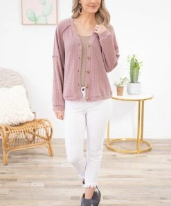 Kori America LONG SLEEVES Mauve Button Up Knit Dolman Sleeve Top