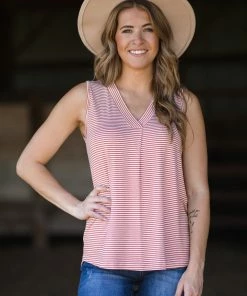 Staccato Copper And White Stripe V-Neck Tank