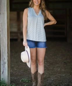 Staccato Tops Sage And White Stripe V-Neck Tank