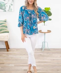 Andree By Unit Turquoise Multicolor Aztec Print Tie Back Top