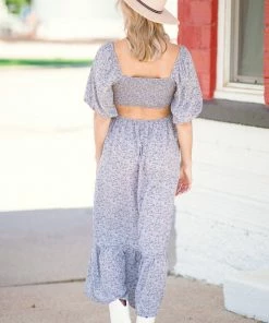 Heyson Dresses Slate Blue Floral Midi Dress With Back Cutout