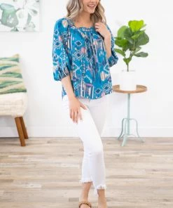 Andree By Unit Turquoise Multicolor Aztec Print Tie Back Top