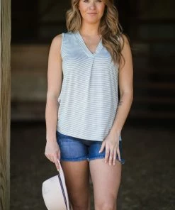 Staccato Tops Sage And White Stripe V-Neck Tank