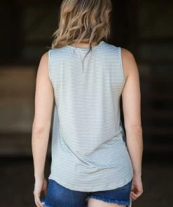 Staccato Tops Sage And White Stripe V-Neck Tank