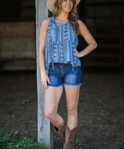 Blue Pepper Cornflower Aztec Print Tank With Tie Tops
