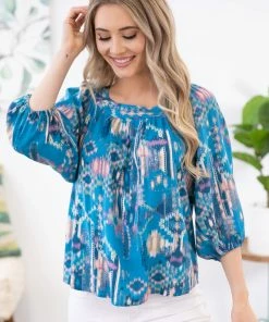 Andree By Unit Turquoise Multicolor Aztec Print Tie Back Top