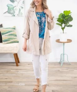 Be Cool Beige Drawstring Waist Roll Sleeve Jacket