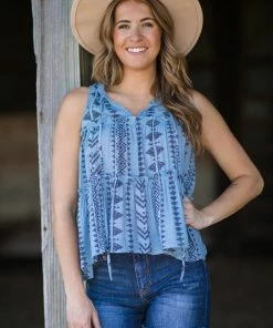 Blue Pepper Cornflower Aztec Print Tank With Tie Tops
